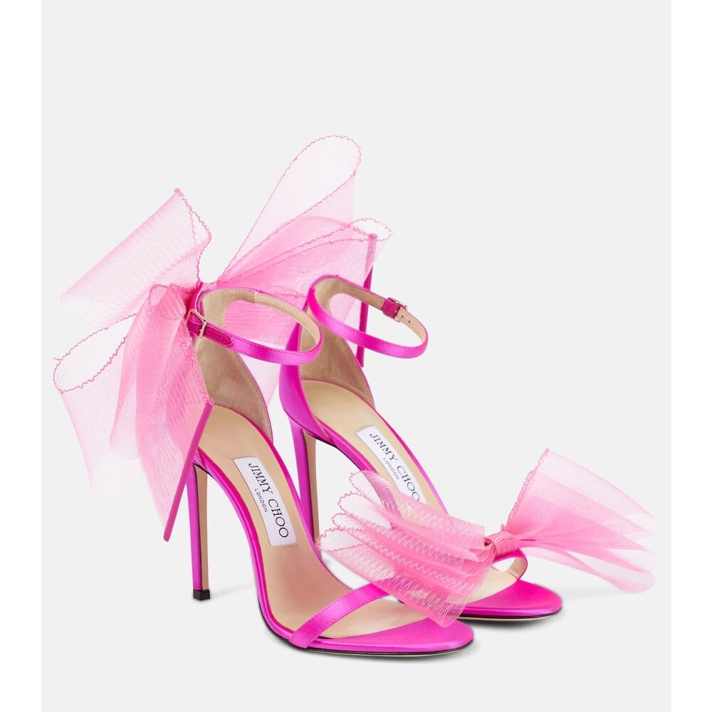 Jimmy Choo Aveline 100 Fuchsia Pink Satin Bow Sandals Asymmetric Heels Size 40.5